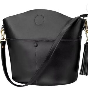 S-ZONE Black Small Cow Split Genuine LeatherCrossbody Bucket Bag Shoulder Purse